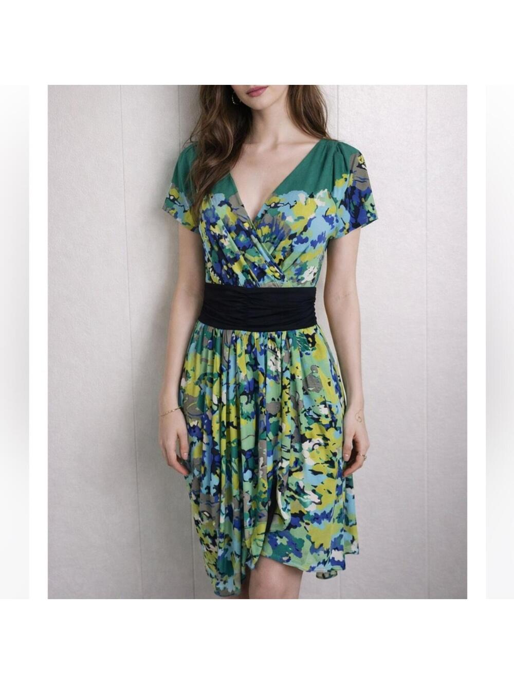 BCBG MAXAZRIA Faux Wrap Dress XS Green Yellow Spring Summer Career Office Church